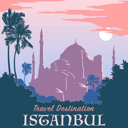 Sunset panorama of Istanbul with silhouettes of trees and Hagia Sophia. Retro poster design. Vintage style poster. EPS10 vector illustration.のイラスト素材
