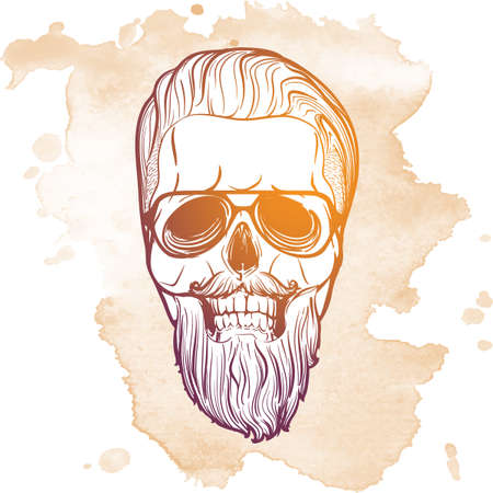Hipster style human skull with a trendy undercut haircut wearing glasses mustache and beard. Hand drawn sketch on a watercolor spot. Halloween concept. EPS10 vector illustration.のイラスト素材