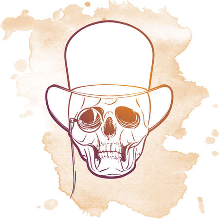 Victorian style human skull wearing eyeglasses mustache and bowler hat. Halloween concept art. Hand drawn sketch on a watercolor spot. EPS10 vector illustration.のイラスト素材