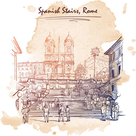 Spanish Stairs with tourists. Architectural drawing with a grunge background on a separate layer. Travel sketchbook illustration. Vintage design. EPS10 vector illustration.のイラスト素材