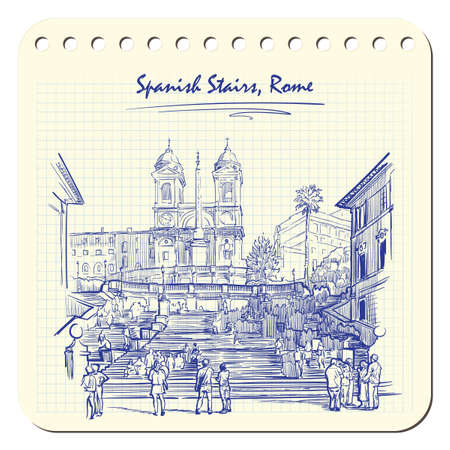 Spanish Stairs with tourists. Sketch imitating ink pen scribbling in a notepad. Sketch is isolated on a separate layer. EPS10 vector illustration.のイラスト素材