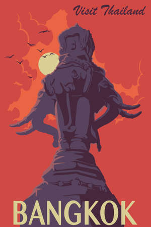 Statue of elephants in Bangkok city. Sunset urban panorama. Warm palette. Vintage poster. Old-fashioned design. EPS10 vector illustration.のイラスト素材