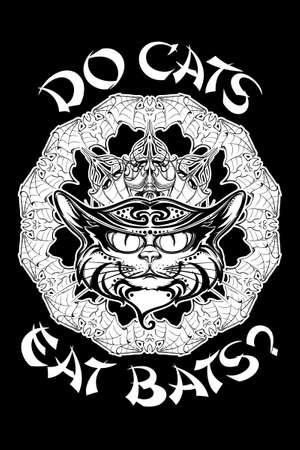 Halloween illustration with black cat head on circular ornament of bat wings. Intricate hand drawing. Halloween concept design. T-shirt print. Tattoo design. EPS10 vector illustration.のイラスト素材