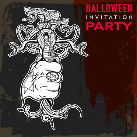 Hand holding Interlaced bunch of snakes as a sybmbolical representation of devil. Intricate hand drawing. Tattoo design. Halloween party invitation card vintage design. EPS10 vector illustration.のイラスト素材