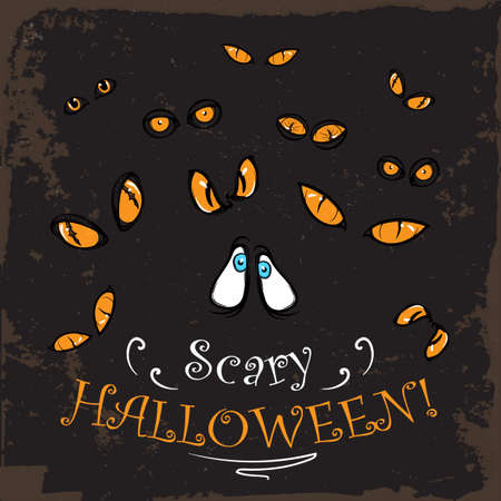 Scary yellow eyes watching from the dark. Spooky Halloween greeting card, print or party invitation design. Vintage look. EPS10 vector illustraton.のイラスト素材