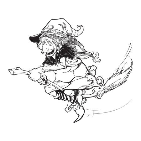Halloween witch riding the broom. Halloween character concept design. Black and white sketch isolated on white background. Comic style intricate hand drawing. Tattoo design. EPS10 vector illustration.のイラスト素材