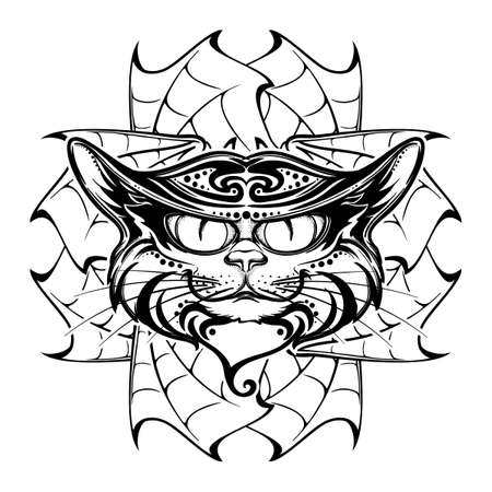 Halloween illustration with black cat head on circular ornament of bat wings. Intricate hand drawing. Halloween concept design. T-shirt print. Tattoo design. EPS10 vector illustration.のイラスト素材