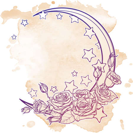 Kawaii Night sky composition with Roses, stars and moon crescent. Festive background or greeting card. Hand drawn intricate sketch on grunge background. Girly vintage art. EPS10 vector illustrationのイラスト素材