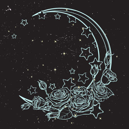 Kawaii Night sky composition with Roses, stars and moon crescent. Festive background or greeting card. Hand drawn intricate sketch. Girly vintage art. EPS10 vector illustrationのイラスト素材