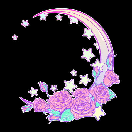 Kawaii composition with Roses, stars and moon crescent isolated on black background. Festive background or greeting card. Hand drawn intricate sketch. Girly vintage art. EPS10 vector illustrationのイラスト素材