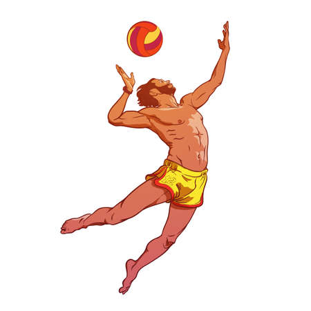 Summer water sport activities. Young athletic man serving an overhead ball in beach volleyball. Dynamic pose. Hand drawn painted sketch isolated on white background. EPS10 vector illustration.のイラスト素材