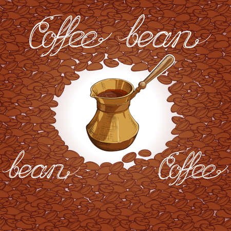 Seamless coffee background with coffee beans and cargo package of coffee grains. Hand drawn illustration in sketch style. Hand written calligraphic sign. EPS10 vector illustrationのイラスト素材