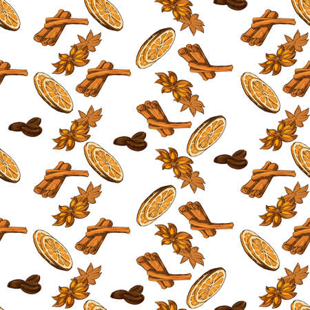 Seamless coffee background with coffee beans and seasoning. Hand drawn illustration in sketch style. EPS10 vector illustrationのイラスト素材