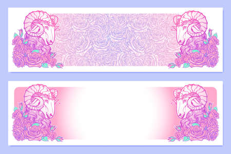 Horizontal banners with Zodiac Aries and a decorative frame of roses. Astrology web element. Tattoo design. Sketch in pastel pallette isolated on elegant pattern background. vector illustrationのイラスト素材