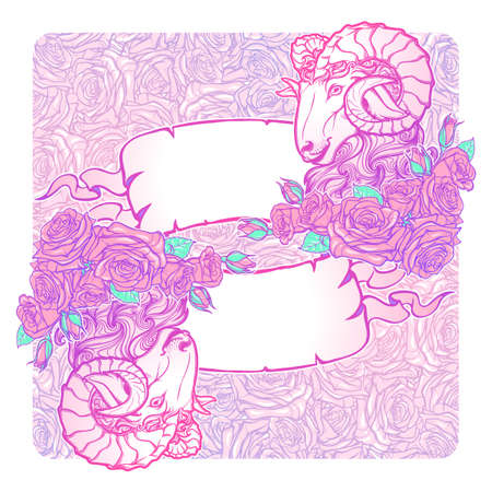 Horizontal banners with Zodiac Aries and a decorative frame of roses. Astrology web element. Tattoo design. Sketch in pastel pallette isolated on elegant pattern background. EPS10 vector illustrationのイラスト素材