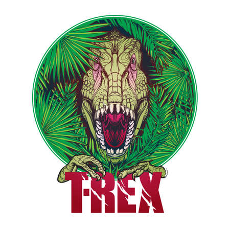Detailed sketch style drawing of the roaring tirannosaurus rex head on a decoratve bunch of tropical leaves and flowers. Black and white sketch isolated on white background. EPS10 vector illustration.のイラスト素材