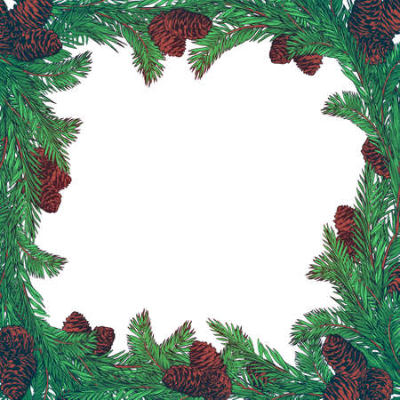 Hand drawn wreath with fir tree branches and cones. Square frame for Christmas cards and winter design. Vector christmas card template with copyspace. EPS10 vector illustrationのイラスト素材