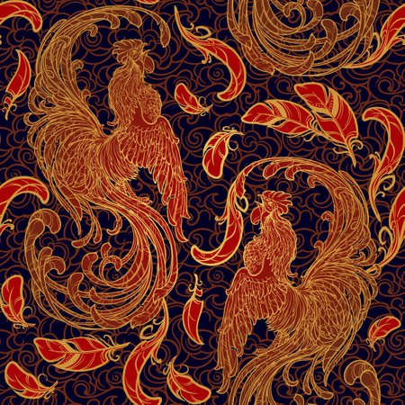 New year rooster as a symbol of the 2017 year. Seamless pattern. Intricate linear drawing of the crowing Rooster on contrast background. EPS10 vector illustration.のイラスト素材