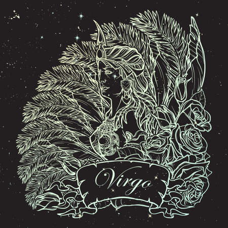 Beautiful woman with a decorative flower frame. Zodiac Art Nouveau luxury style set. Virgo. Tattoo design. black night sky Astrological background with stars. EPS10 vector illustration.の写真素材