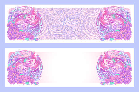 Zodiac sign - Pisces. Two fishes jumping from the water. Circle composition, decorative frame of roses. Horizontal banners set. EPS10 vector illustration.のイラスト素材