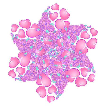 Roses and Hearts arranged in a star shaped pattern. St Valentines day festive design isolated on white background. Tattoo or wedding decor design element. EPS 10 vector illustrationのイラスト素材