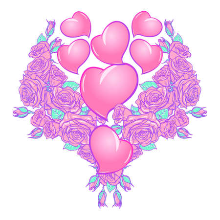 Roses and Hearts arranged in a heart shaped pattern. St Valentines day festive design isolated on white background. Tattoo or wedding decor design element. EPS 10 vector illustrationのイラスト素材