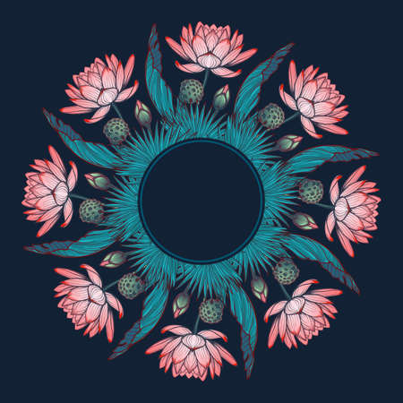 Lotus background. Floral decorative ornament. Water lilies palm tree and banana leaves arrenged in circular wreath isolated on deep blue background. EPS10 vector illustration.のイラスト素材