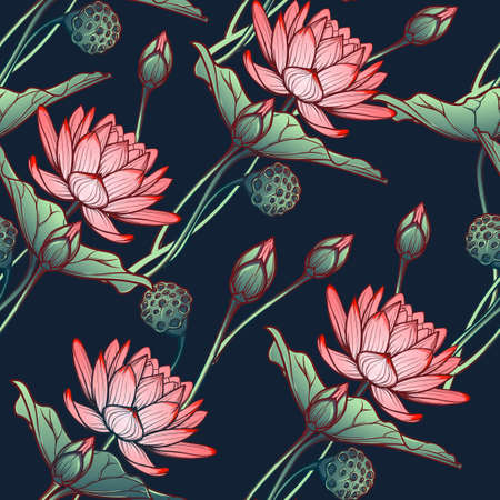 Lotus background. Floral seamless pattern with water lilies isolated on deep blue background. Diagonal rhythm. EPS10 vector illustration.のイラスト素材