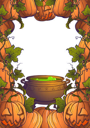 Halloween pumpkins, jack o'lantern and cauldron with magic potion on a white background. Postcard or other festive design template. Vertical orientation.のイラスト素材