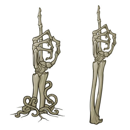 Zombie body language. Pointing finger up. Pair of skeleton hands rising from the ground and torn apart. Monochorme drawing isolated on white background. EPS10 vector illustrationのイラスト素材