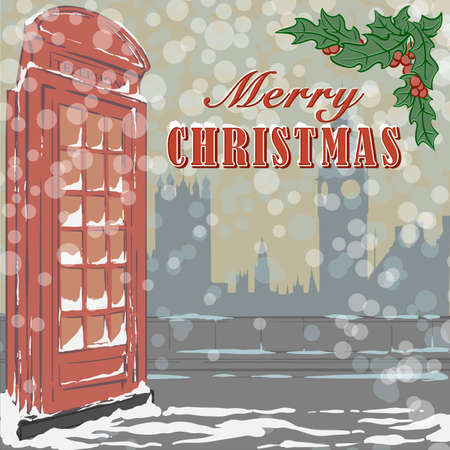 Christmas greeting card with famous red London telephone booth and holy branch.のイラスト素材
