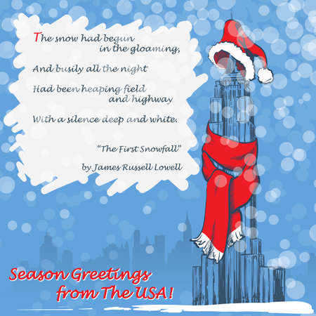 Design of the Christmas greeting card with the Empire State Building in a red scarf and hat and with a citation from The first Snowfall by J.R. Lowell. EPS 8 vector illustration.の写真素材
