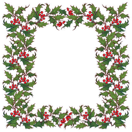 Christmas ornamental rectangular frame. Holly branches with leafs and berries. Christmas greeting card template. EPS10 vector illustrationのイラスト素材