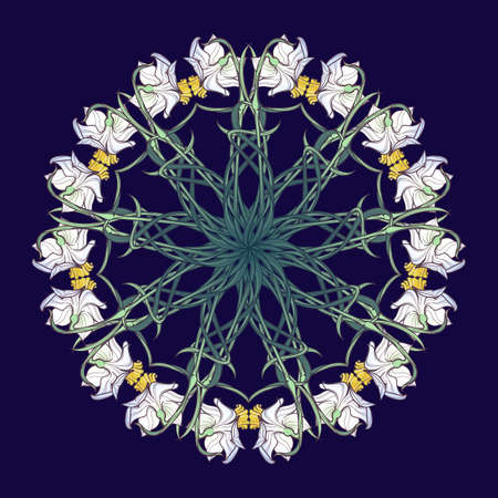 Spring flowers. Daffodil flowers interlaced into an intricate circular ornament on a dark blue background. Art Nouveau style drawing. Mandala tattoo design. EPS10 vector illustrationのイラスト素材