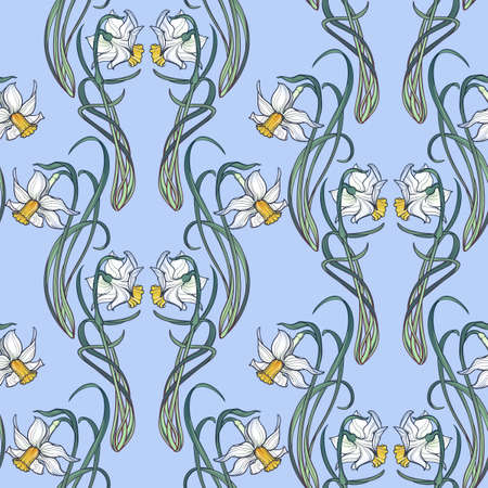 Spring flowers. Daffodil flowers interlaced into an intricate ornament on a light blue background. Art Nouveau style drawing. Seamless pattern with regular distribution of elements. EPS10 vectorのイラスト素材