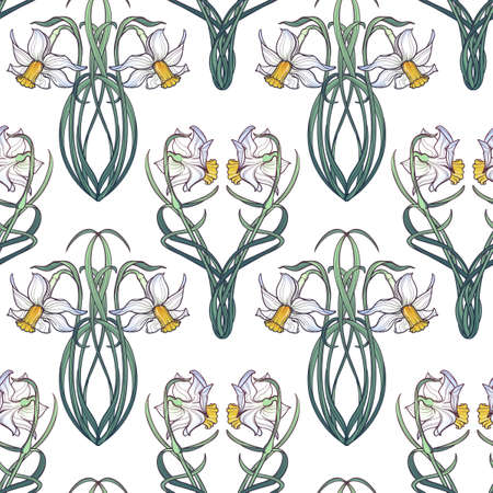 Spring flowers, Daffodil flowers interlaced into an intricate ornament on a white background.