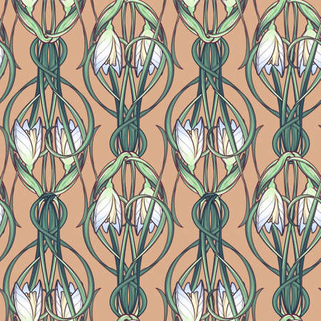 Spring flowers. Snowdrop flowers interlaced into an intricate ornament on a beige background. Art Nouveau style drawing. Seamless pattern with a vertical rhythm. EPS10 vectorのイラスト素材