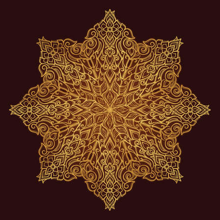 Popular decorative motif in South Eastern Asia. Intricate star shaped ornament. Hand drawing. Golden mandala Isolated on dark brown background. EPS10 vector illustrationのイラスト素材