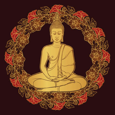 Buddha sitting and meditating in the single lotus position. Decorative circular. Thai style frame. Golden linear drawing isolated on dark brown background vector illustrationのイラスト素材