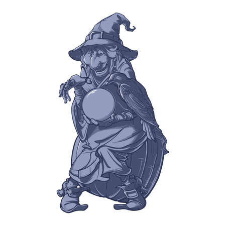 Old witch with her black raven holding a crystal ball and foretelling the future. Funny cartoon style character. Monochrome shaded linear drawing isolated on a white background. EPS10 vector.のイラスト素材
