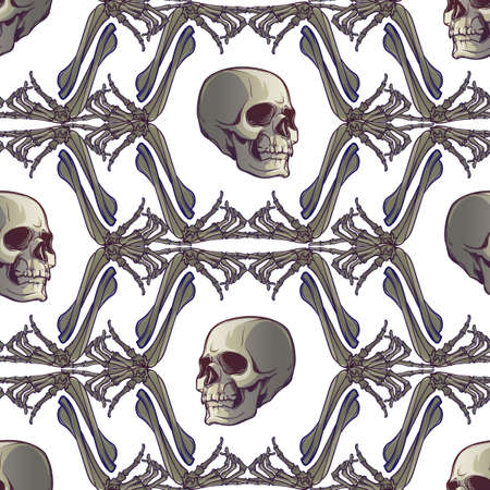 Halloween Seamless Pattern. Human hand bones and skulls. Regular geometryc rhythm. Isolated on white background. EPS10 vector illustrationのイラスト素材