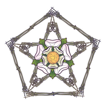 Halloween pentagrame. Human hand bones arranged in an intricate gothic occult ornament with a...