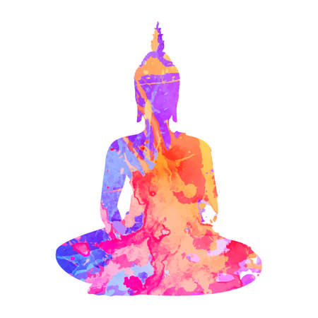 Silhouette of Buddha meditating in the single lotus position. Silhouette with a trced watercolor texture. Textile print, yoga background. Tattoo design. EPS10 vector illustrationの写真素材