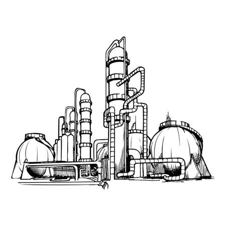 OIl production plant. Sketch style drawing isolated on a white background. EPS10 vector illustrationのイラスト素材