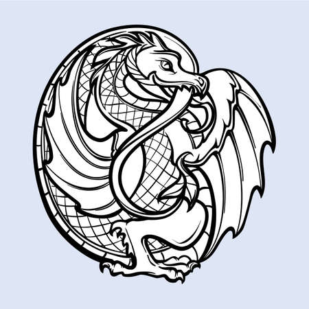 Decorative dragon. Medieval gothic style concept art. Design element. Black a nd white drawing isolated on grey background. EPS10 vector illustrationのイラスト素材