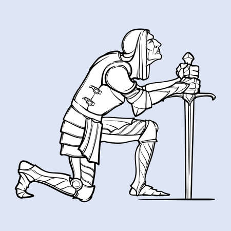 Medieval knight kneeling down and offering his service. Medieval gothic style concept art. Design element. Black a nd white drawing isolated on grey background. EPS10 vector illustrationのイラスト素材