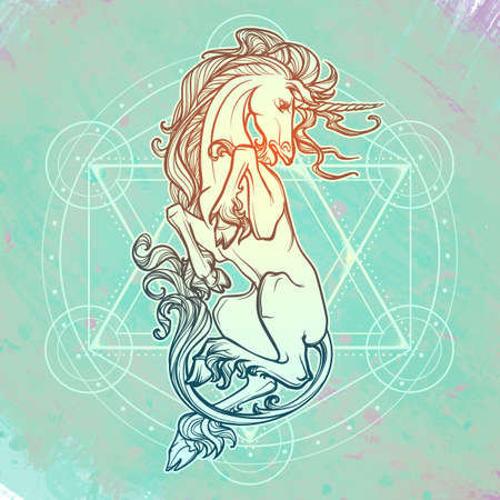 Unicorn laying on his back. Sacred geometrical shapes on a background. Mystic concept art for tattoo, logo. linear Drawing isolated on a textured watercolor background. EPS10 vector illustration.のイラスト素材