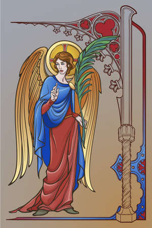 Angel figure with blessing gesture and palm branch. Gothic decorative frame. Medieval gothic style concept art. Design element. Brightly colored drawing. Medieval Manuscript pallette. EPS10 vectorのイラスト素材