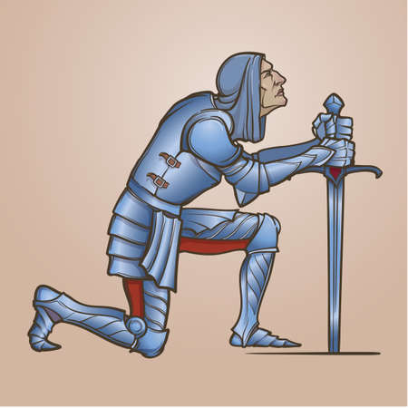 Medieval knight kneeling down and offering his service. Medieval gothic style concept art. Design element. Color drawing isolated on gradient background. EPS10 vector illustrationのイラスト素材