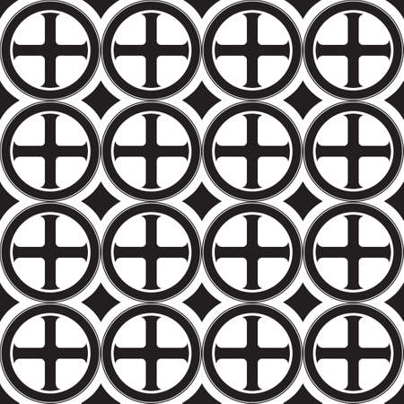 Gothic Cross in the circle seamless pattern. Popular motiff in Medieval european and Byzantine art. Element for designing medieval style textile, prints and illustrations. Black and white. EPS 10のイラスト素材